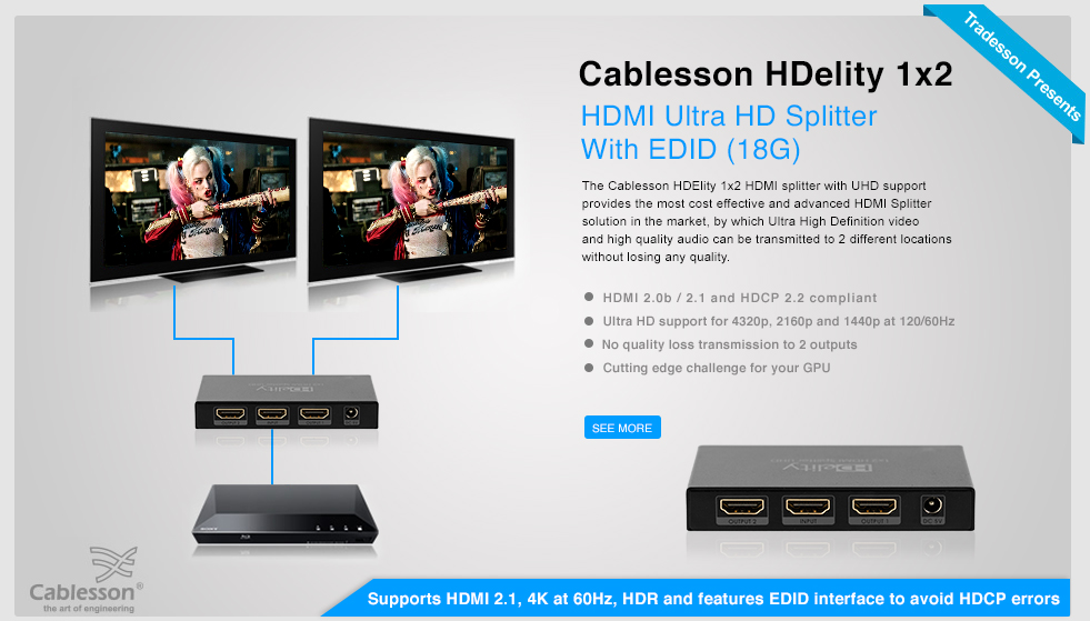 Cablesson 1x2 HDMI 2.0 Splitter WITH EDID (18G)